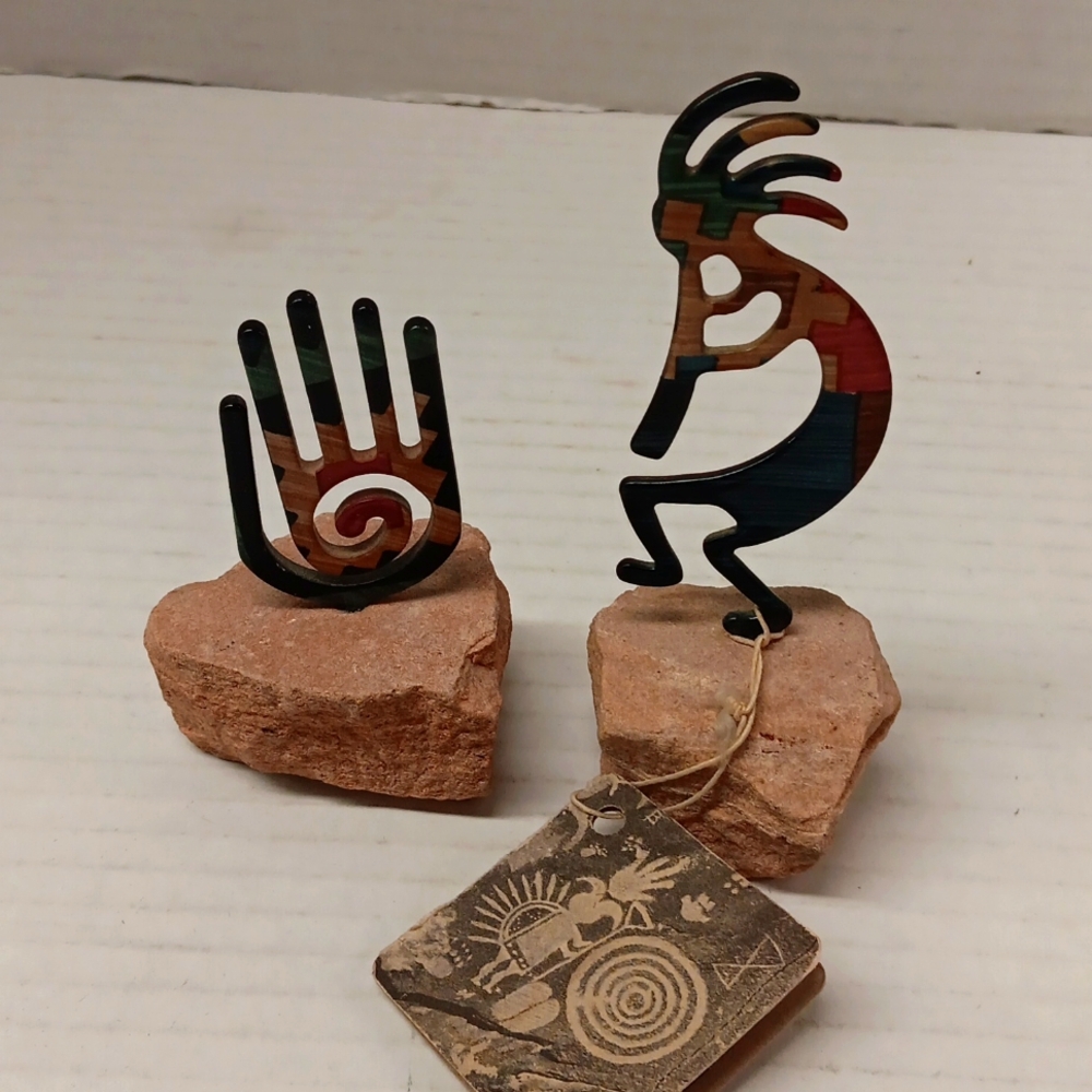 LazArt Kokopelli enamel metal Petroglyph and Hamsa Hand Figures on Sandstone